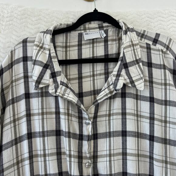 Asos Curve Flannel Check Button Down Open Back Balloon Sleeve Skater Dress Sz 24 - Picture 8 of 13